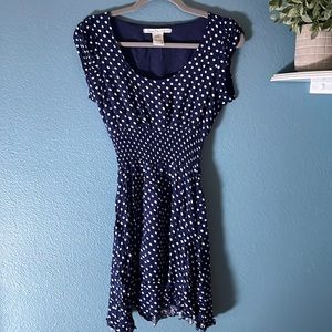 AMERICAN RAG NAVY BLUE POLKA DOT DRESS *SMOCKED EMPIRE WAIST *FLUTTER HEM